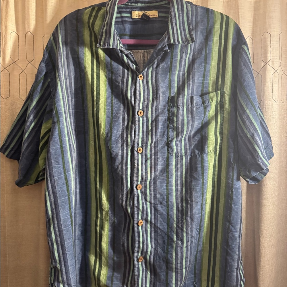 Tommy Bahama Navy and Lime Striped Shirt